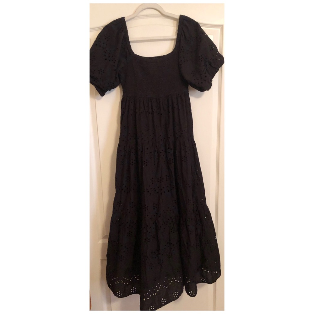 Anthropologie Meadow Rhodes Black Eyelet Tiered Cotton Maxi Dress Smocked Back